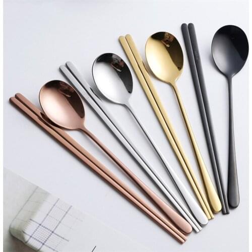 Creative Simple Stainless Steel Tableware Food Chopsticks and Spoon Set Long Handle Flat Non-Slip Dessert Spoons Dinnerware