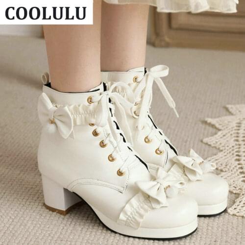 COOLULU Pink Lolita Lace Up Ankle Boots for Women Platform Chunky Heel Cute Lace Booties Winter Woman Shoes High Heels