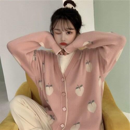 Sweater Cardigan Cute Pink Coat Women Peach Cardigans Knitted Oversized Jacket 2020 Korean Autumn Long Sleeve Threaded cuffs
