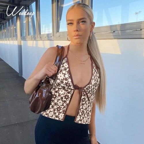 Weekeep Vintage Floral Print Camis Y2K Sexy Tie Up Backless Lace Up Crop Top Women Deep V Neck Club Summer 2021 Clothes Tee Tops