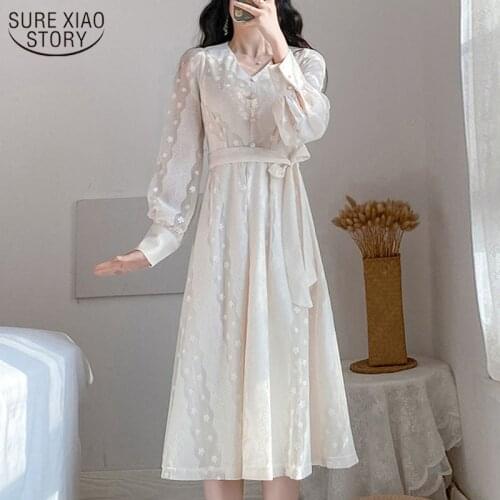 Vintage Lace Dress Women Long Sleeve Bandage Dresses Vestido Feminino Sweet V-neck Button Lace Up A-line High Waist Dress 12919