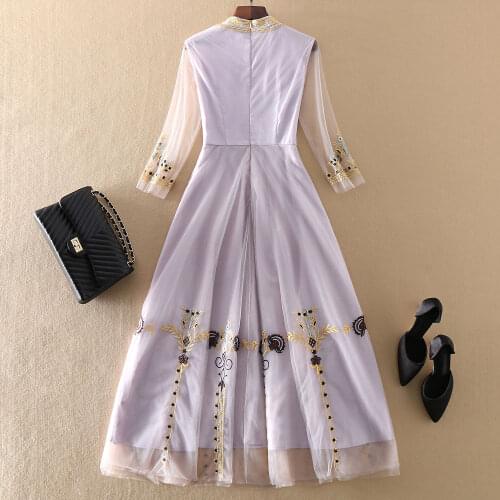 Embroidery High Quality Flower Runway Fashion 3/4 Sleeve Mesh purple Elegant Long Designer Dress Vestidos
