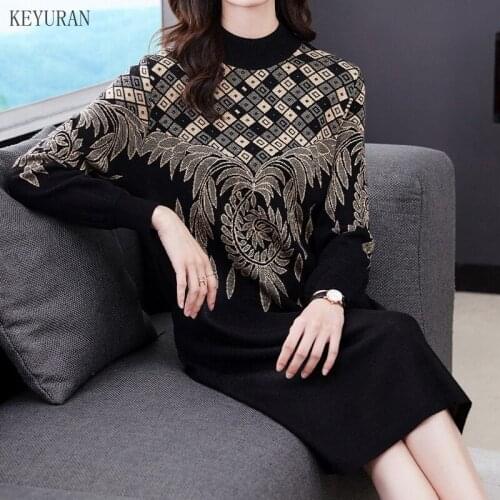 2021 Autumn Winter Vintage Women Half Turtleneck Jacquard Knitted Sweater Dress Woman Knitting Sweaters Dresses Plus Size 4xl