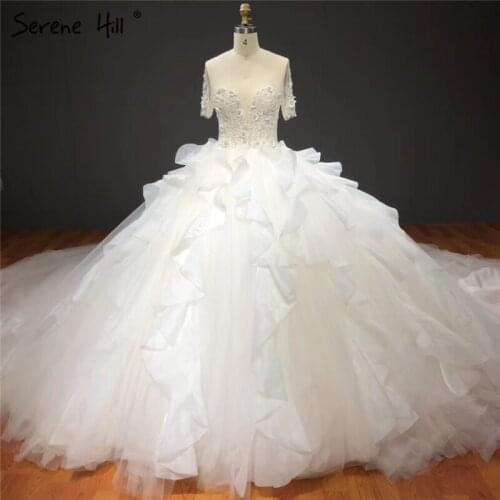White High-end Short Sleeves Sexy Wedding Dresses 2021 O-Neck Handmade Flowers Pearls Bride Gowns HA2285 Custom Made