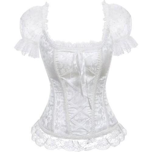 Steampunk Corset Bustier Gothic Corselet Sexy Short Sleeve Lace Corselet Lace Up Bustiers Corset White Corset for Party Wedding
