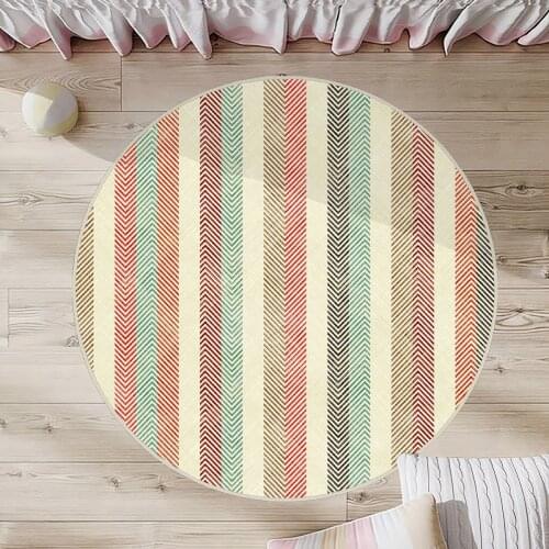 Krem Rengi Yuvarlak Halı kırmızı yeşil kahverengi siyah şeritler şekil