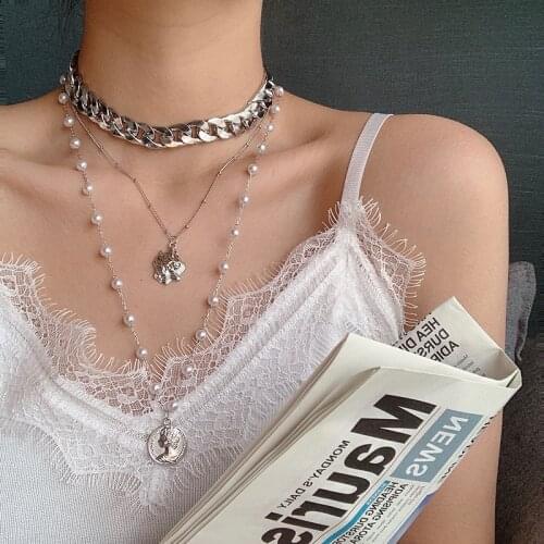 Baroque style multi-layered pearl portrait long necklace ladies metal snake chain necklace new design jewelry gift