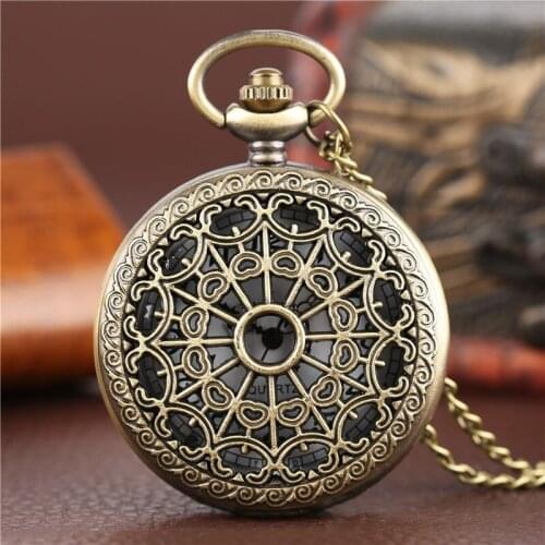 Bronze Antique Vintage Spider Web Hollow Pendant Necklace Quartz Pocket Watch Men Women Unique Sweater Necklace Steampunk Watch
