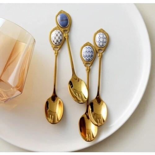 4pcs/set stainless steel spoon set coffee scoop tea spoon ceramic and golden plated British gift on party/kitchen