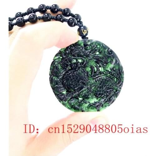 Natural Black Green Chinese Jade Dragon Pendant Qilin Necklace Charm Jewelry Obsidian Accessories Carved Amulet Gifts for Men