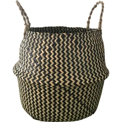 New Portable Foldable Natural Seagrass Woven Storage Basket with Handle for Home Decorations Plant Pot Clothes Toys Picnics-Blac