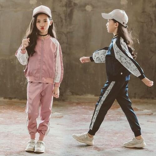 2019 New Childrens Lace Patchwork Suit Autumn Boys Girls Zipper Coat+ Pants Sets Spring Sports 2 pcs Clothes Kids Clothing Suit