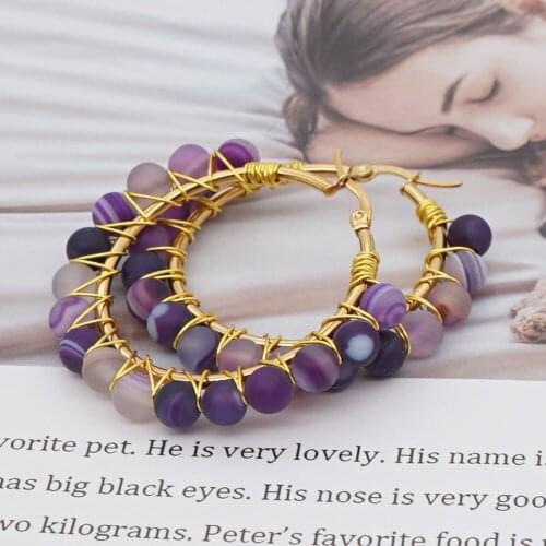 Charming Women Boho 6MM Amethyst Agate Hoop Earring Natural Stone Circle Earrings Womens Exaggerated Ear Accessories