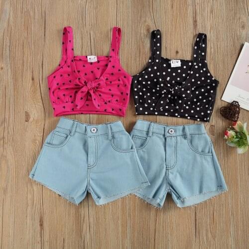 Baby Girls Casual Suit, Sleeveless Polka Dot Bow Lace-up Midriff-baring Camisole, Loose Jeans Shorts, Daily Life