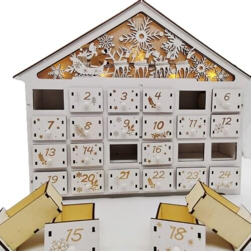 Christmas Wooden House Advent Calendar LED Lighted Snowflake Reindeer Scene Countdown Ornament with Large Drawer Box Xmas Gifts