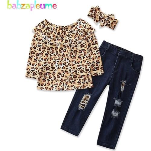 Spring Fall Baby Girl Clothes Fashion Print Cotton Long Sleeve T-shirt+Children Hole Jeans Boutique Kids Clothing Set BC2068