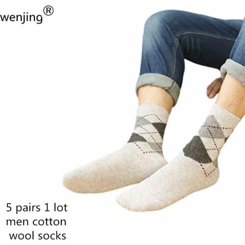 Wjys06 winter warm wholesale 5 pairs men 40 44 size Adults Age Unisex wool cotton rhombic socks