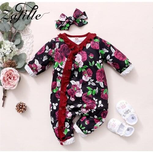 ZAFILLE Clothes For Newborns Floral Baby Girls Rompers Ruffles Jumpsuit For Kids and Headband Autumn Winter Baby Girl Clothes