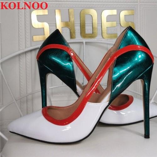 Kolnoo Handmade New Hot Big Size US5-15 Womens High Heels Pumps Slip-On Patchwork Leather Party Prom Evening Fashion Court Shoes