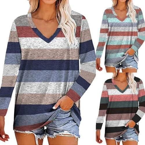 WomenS Pullover Autumn Hot Style High-Quality Fashion All-Match V-Neck Striped Loose Long-Sleeved Clothes толстовка женска 50