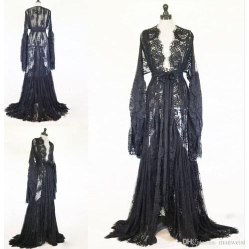 Women Winter Robe Black White Sexy Nightgown Sheer Lace Sleepwear Long Bathrobe Pajamas New Prom Bridesmaid Shawel