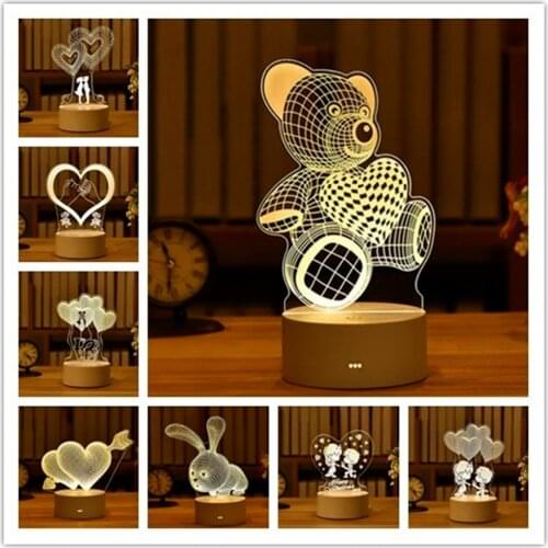 3D Acrylic LED Night Light Romantic Love Heart/bear/rabbit Decorativ Room Table Lamp Wife/Children Birthday/Valentines Day Gift