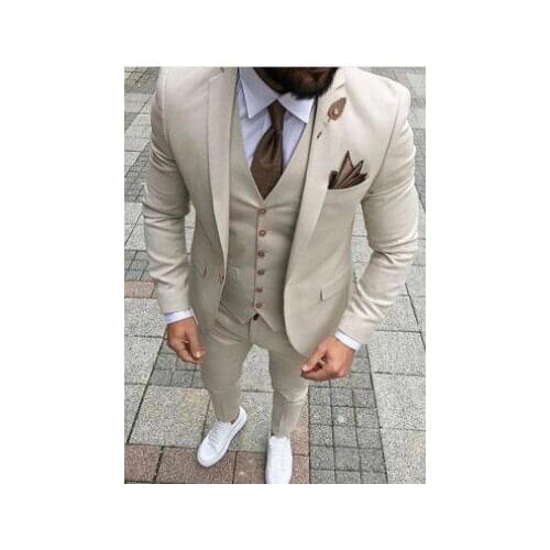 Beige Suits Three Piece Jacket Pants Vest Custom Slim Fit Male Blazer Wedding Groom Tuxedos Men Suits Clothing Man Wedding Suit