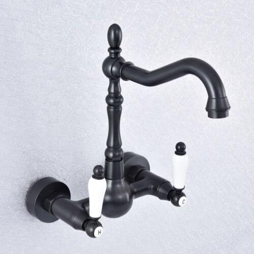 Oil Rubbed Bronze Dual Handles Bathroom Kitchen Sink Faucets Wall Mounted Swivel Spout Two Holes Kitchen Mixer Taps Nsf706