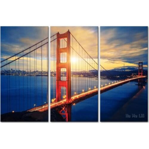 Decor Famous Golden Gate Bridge At Sunrise Artwork 3 Panel Modern Landscape Painting Prints For Home Living Dining Room Kitchen