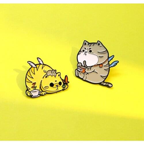 Cartoon Gray Yellow Fat Cat Angel Enamel pin Cute Brooch Bag Clothes Lapel Pin Sasha Away Badge Cartoon Jewelry Gift For People