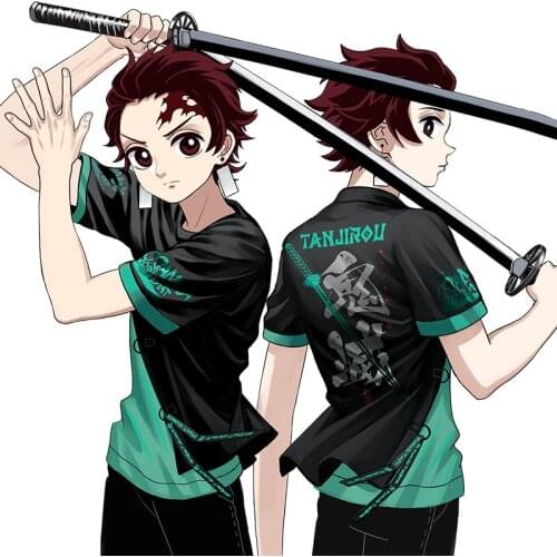 Anime Demon Slayer Kimetsu no Yaiba Cosplay T-Shirts Kamado Tanjirou Fake 2pcs Short Sleeve Tee Top Harajuku Shirt