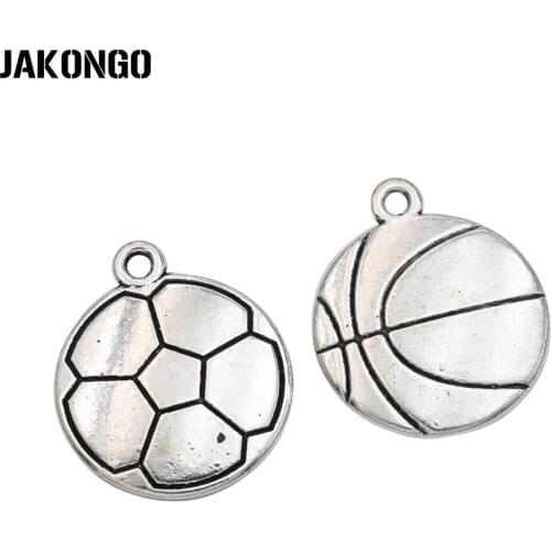 JAKONGO 5pcs Antique Silver Plated Basketball Football Charm Pendants for Bracelet Jewelry Accessories Making Findings 20mm
