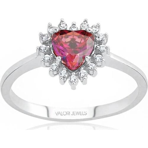 Valori Jewels Elegant Heart, 0.75 Carat, Zirconia Red Heart Gemstone, Rhodium Plated, Sterling Silver Solitaire Ring