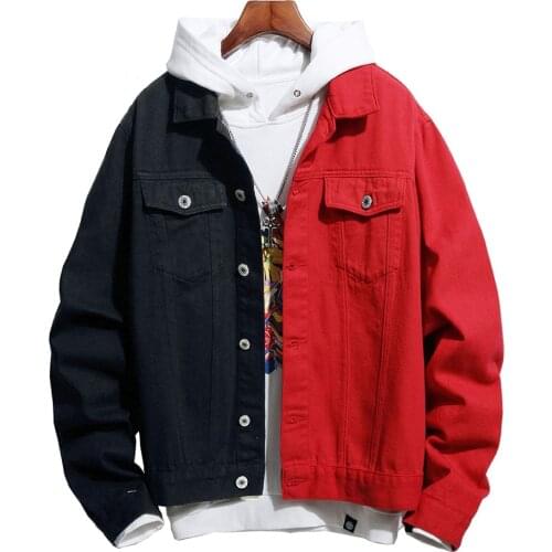 Mens Black Red Spliced Denim Jacket Streetwear Loose Jean Coat Patchwork Top Outerwear