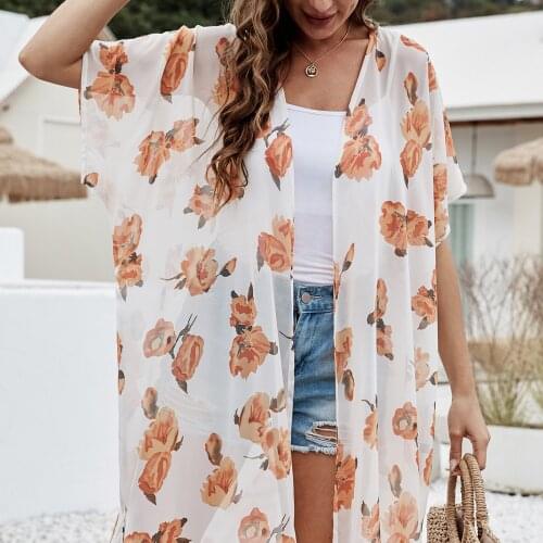 Summer Womens Beach Wear Cover up Kimono Cardigan Swimwear Open Front Bikini Floral Short Sleeve Split Long Dress