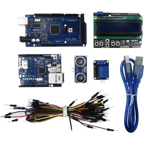 Mega 2560 r3 fo kit + HC-SR04 +breadboard cable + relay module+ W5100 UNO shield + LCD 1602 Keypad shield new