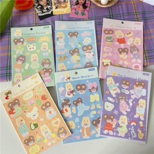 Cute Colorful Bear Girl Laser Sticker Scrapbooking Decorative Korean DIY Diary Album Stick Stationery Planner Stickers