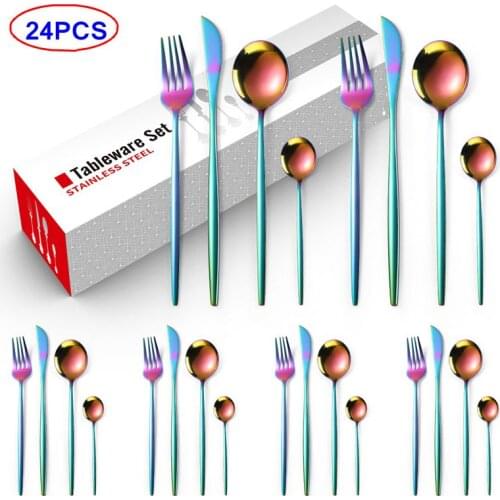 24 Piece Set Golden Silver Cutlery Set Home Kitchen Utensil Dinner Tableware Dinnerware Set Stainless Steel Knife Fork Spoon