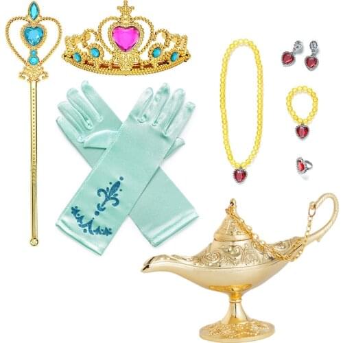 Girls Jasmin Belle Princess Accesories Jewelry for Kids Cosplay Party Aladdins Lamp Crown Wand Necklace Bracelet Earrings Set