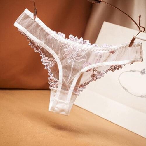 2021 New Sexy Mesh Gauze Transparent Women Panties Thong Lace Floral Cotton Crotch Low Waist T-back G-String Female Underwear