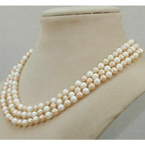 New Charming 3row 8-9mm pink white cultured freshwater Round Pearl necklace 17-19"
