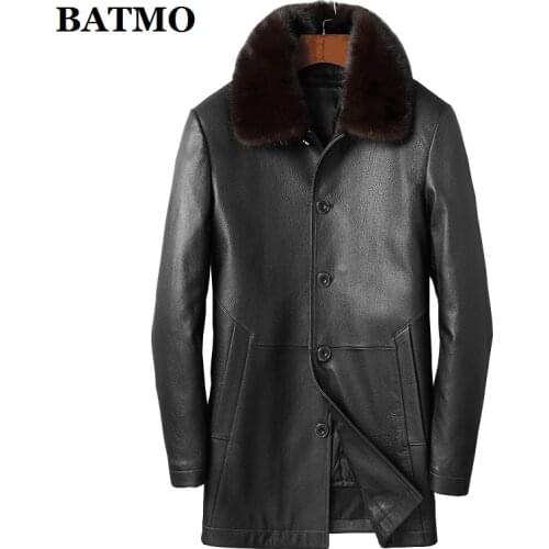 BATMO 2020 new arrival winter 90% white duck down natural real sheepskin trench coat men,mens mink fur collar leather jackets