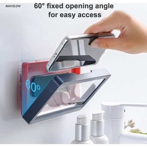 Punch-Free Bathroom Phone Case Waterproof Mobile Phone Holder Wall Mounted Storage Box Lazy People Handsfree Gadget