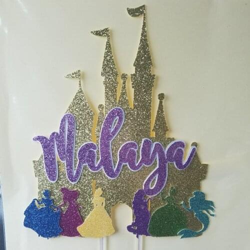 Personalize princess name glitter cake topper, Customize princess castle girl birthday glittery cake toppers big centerpiece