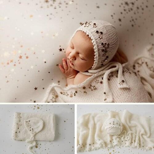 Newborn Photography Props Accessories Heavy Industry Starlight Wool Knitted Hat Wrap Set Background Baby Girl Boy Photo Blanket