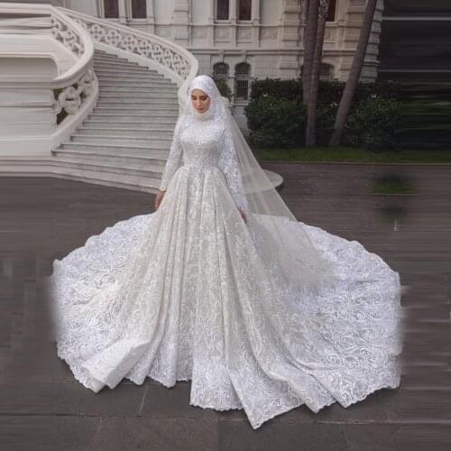 Luxury Lace Muslim Wedding Dresses White Long Sleeves High Neck Bridal Wedding Gowns Ruffles Long Dress With Train 2021