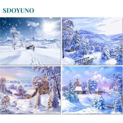 SDOYUNO 60x75cm Painting By Numbers Frame DIY Cottage in the snow Paint By Numbers On Cavans Scenery For Home Decoration