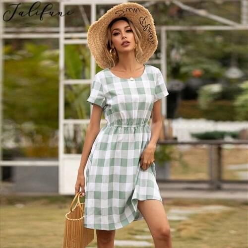 Sexy Crew Neck Short Sleeve Women Dresses 2021 Summer White Black Plaid Sundress Elegant Tunic Beach Party Sun Mini Dress Female