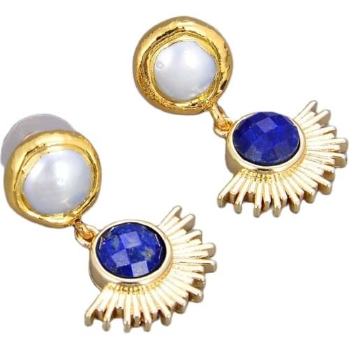 GG Jewelry Freshwater White Pearl Coin Natural Blue Lapis Rising Sun Glod Plated Stud Earrings