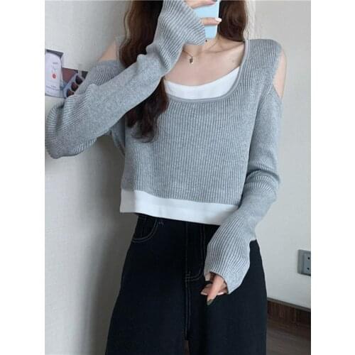 Grey Super Short Top 2021 New Spring And Autumn Womens Design Sense Slim Knit Fake Two Long Sleeve Sweaters
